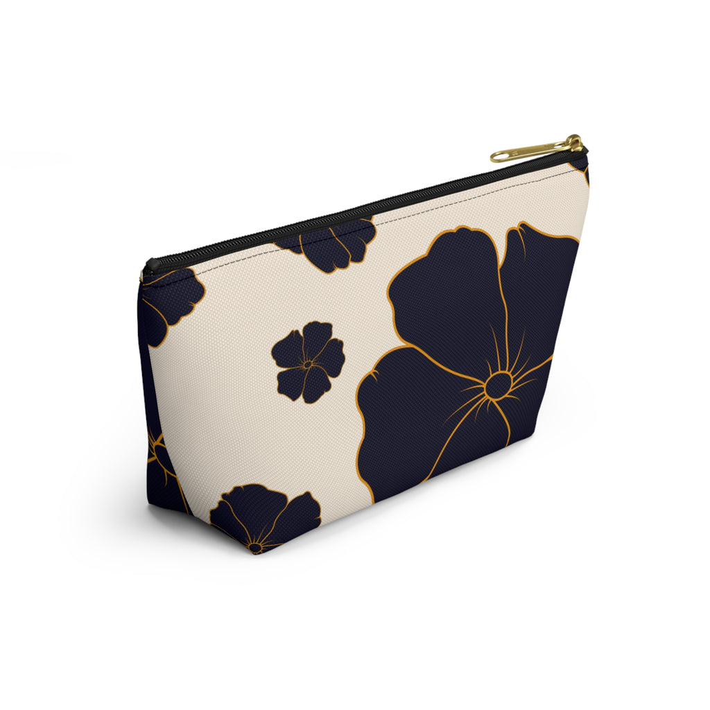 Gold-Trim Navy Blooms Accessory Pouch