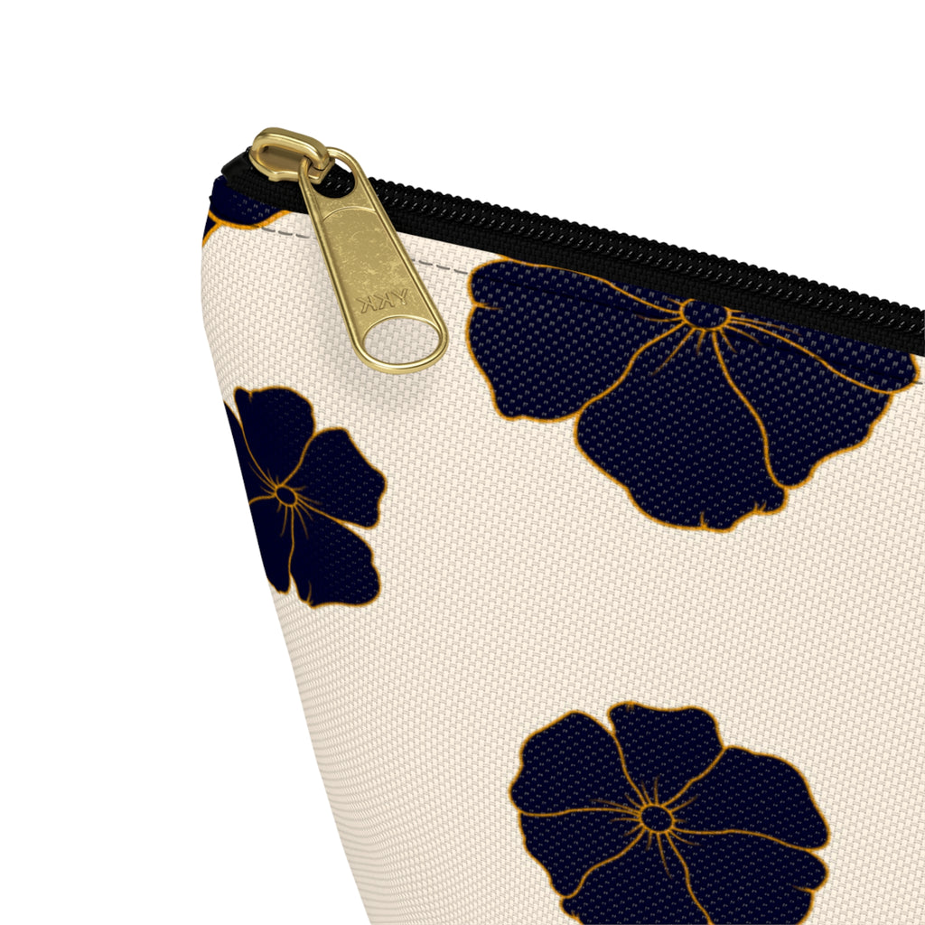 Gold-Trim Navy Blooms Accessory Pouch