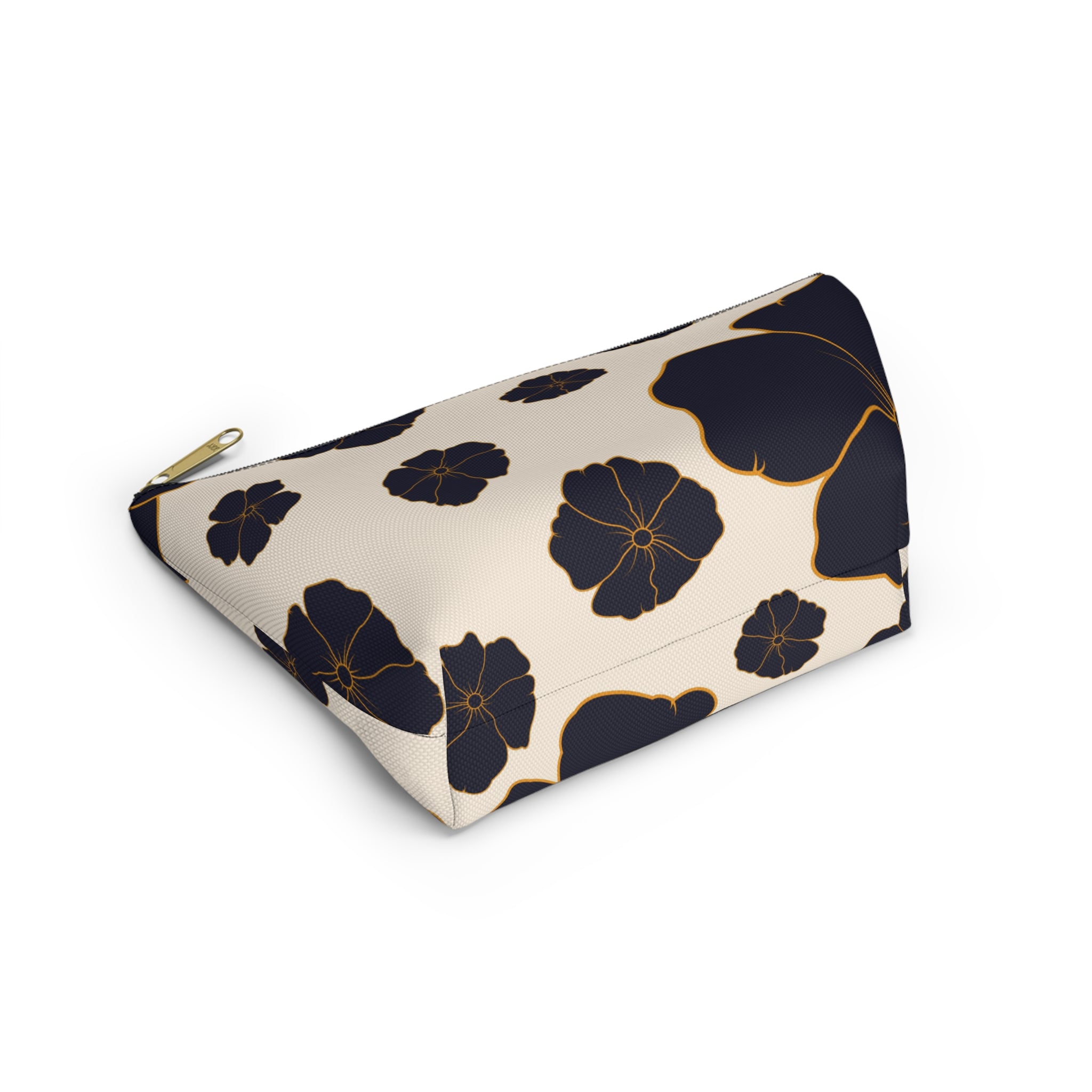 Gold-Trim Navy Blooms Accessory Pouch