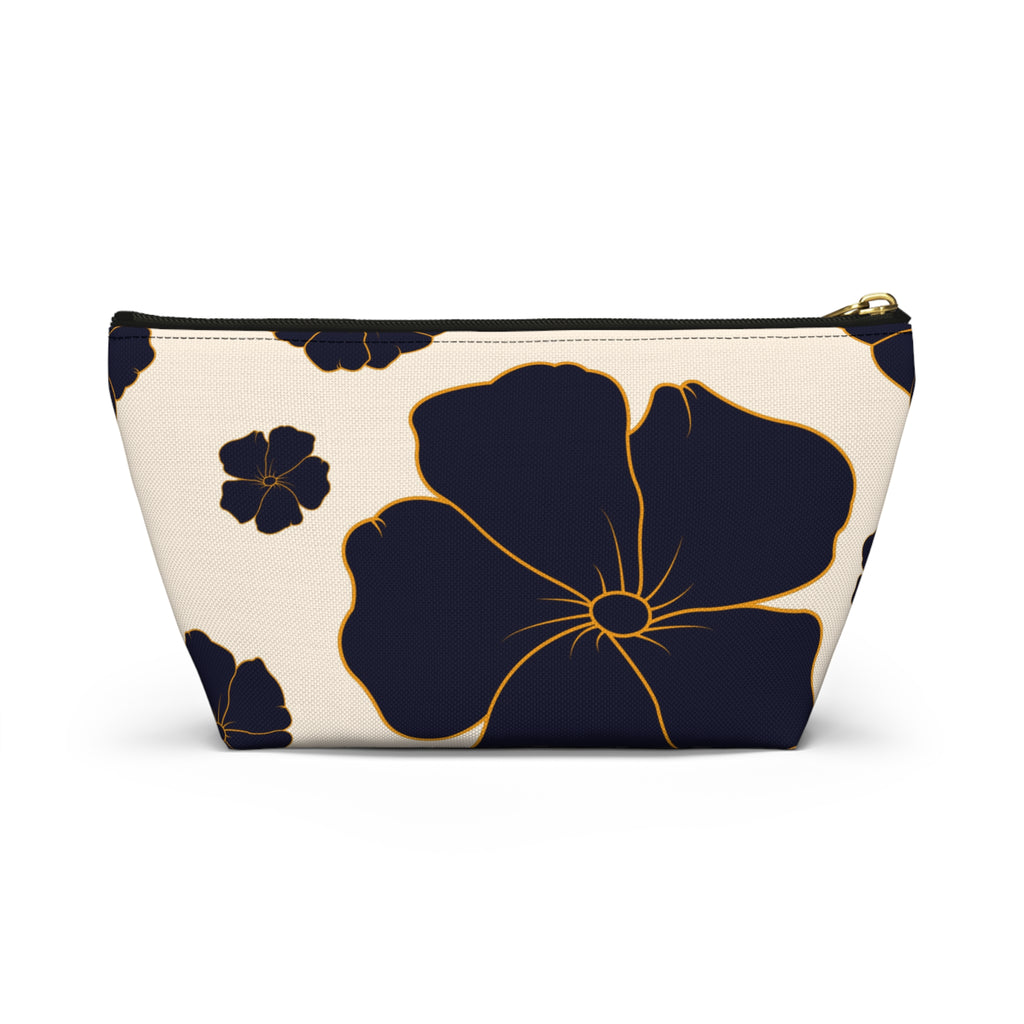 Gold-Trim Navy Blooms Accessory Pouch