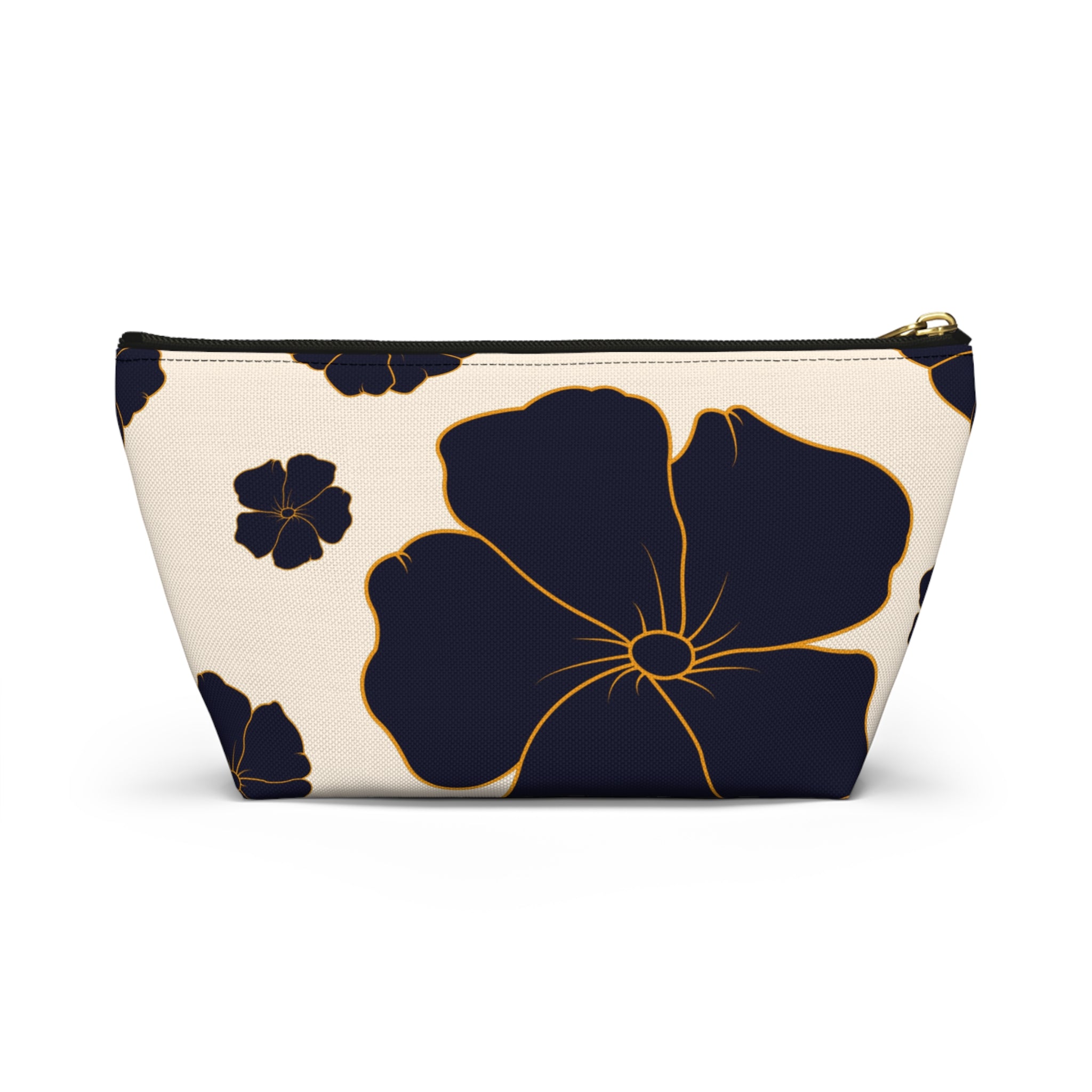 Gold-Trim Navy Blooms Accessory Pouch
