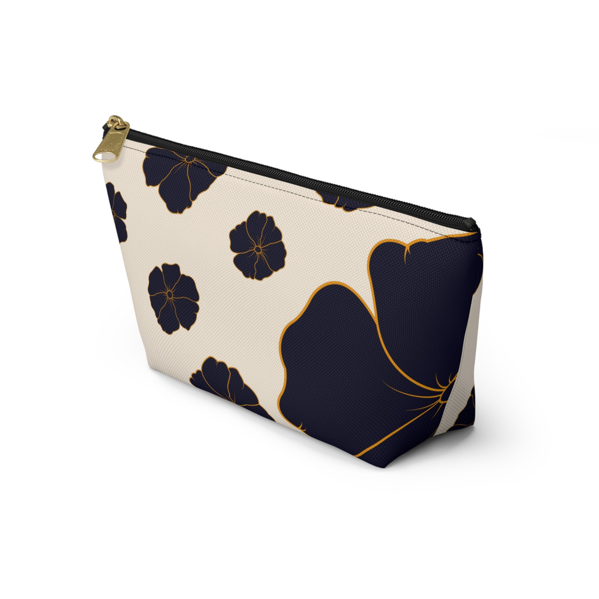 Gold-Trim Navy Blooms Accessory Pouch