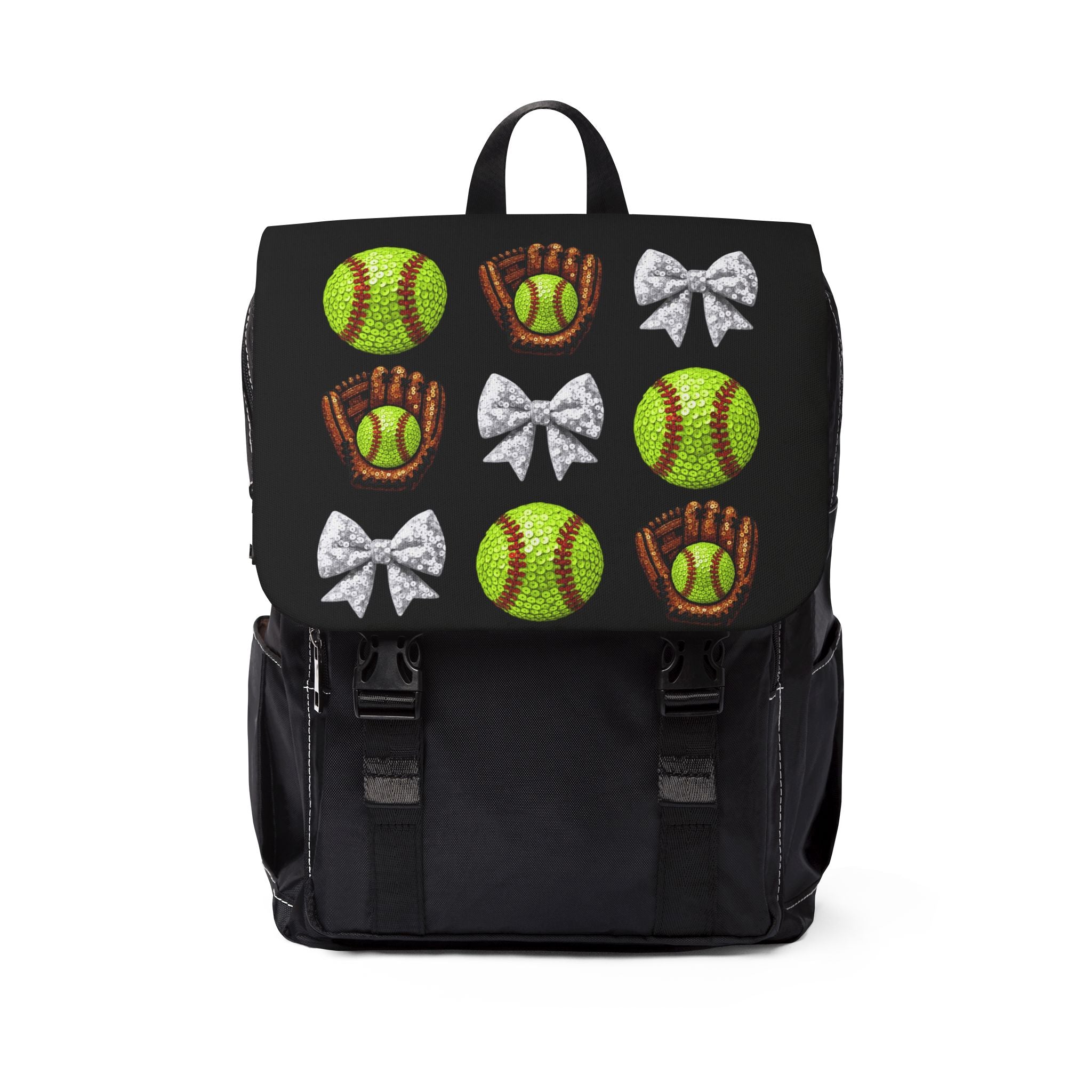 Softball, Gloves & Silver Bows Shoulder Backpack